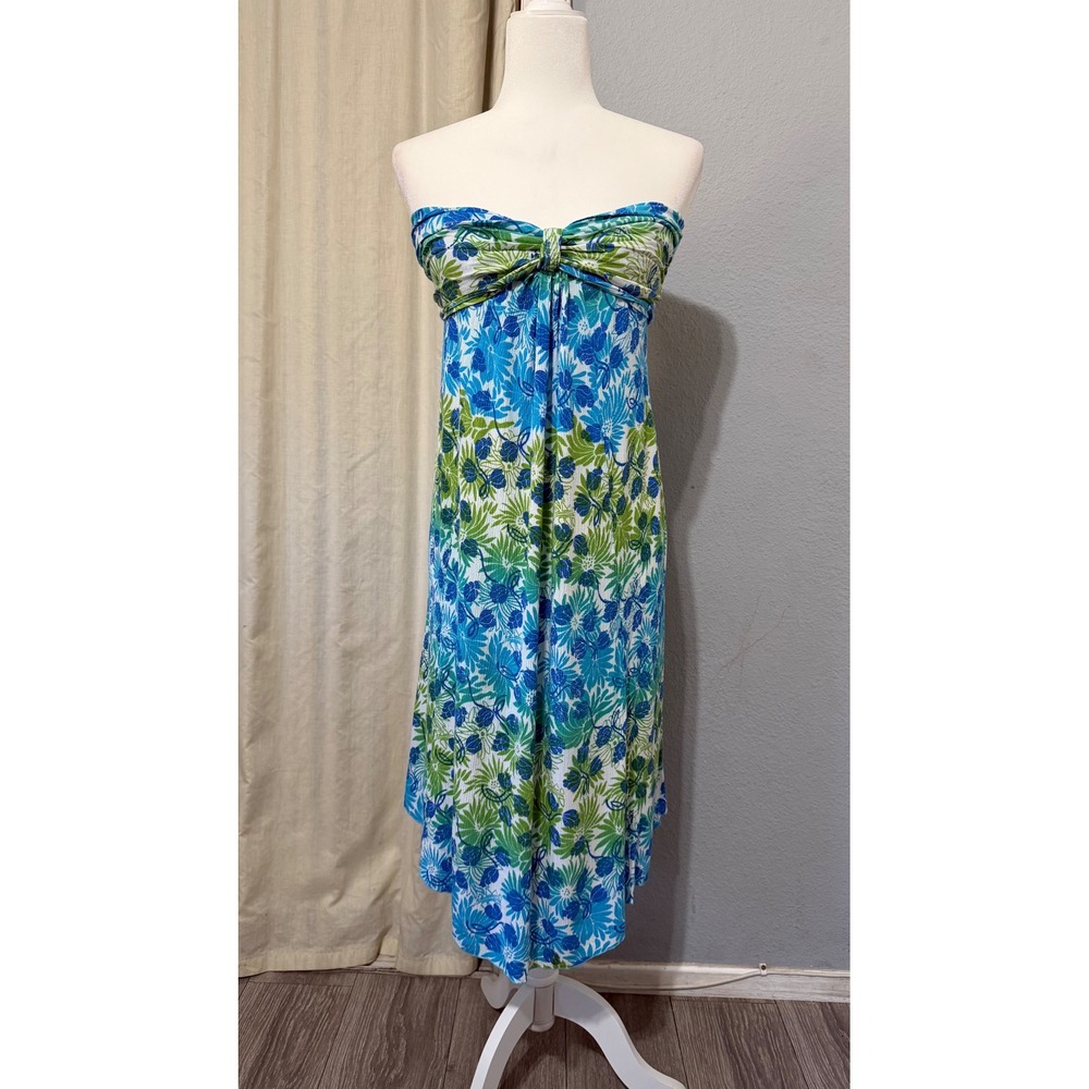 Blue‎ Ginger Hawaiian Midi Dress Size L Floral Strapless Blue Green Beach Summer